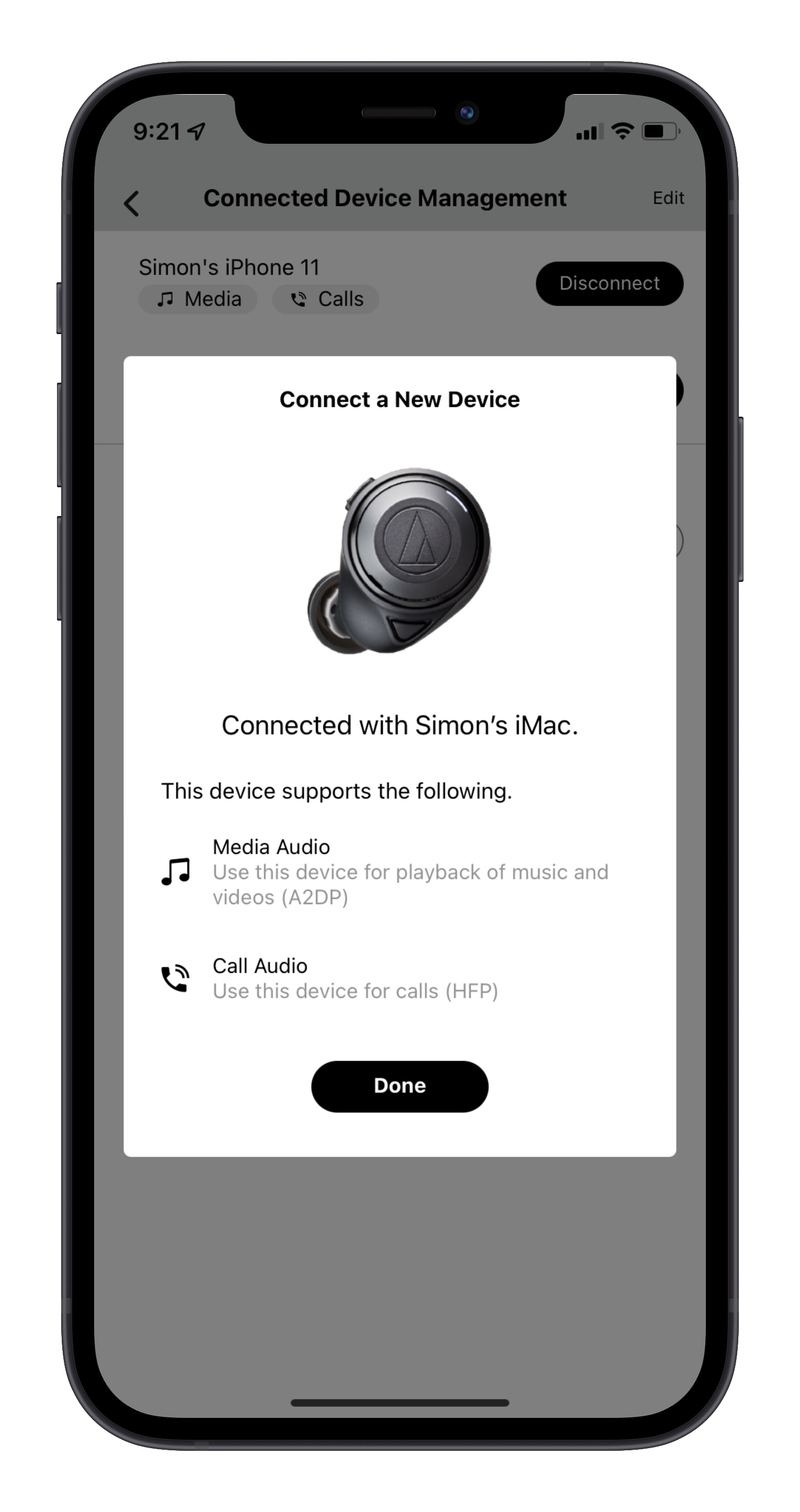 App A-T Connect che mostra la schermata di conferma della connessione del nuovo dispositivo.