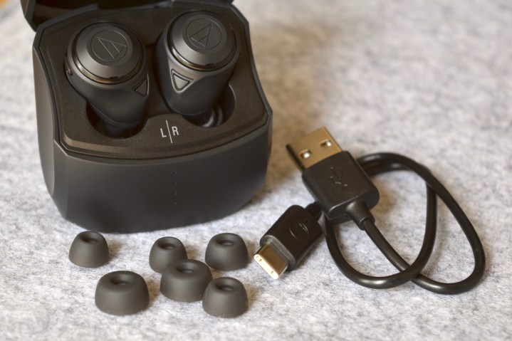Audio-Technica ATH-CKS50TW wireless earbuds and included accessories.