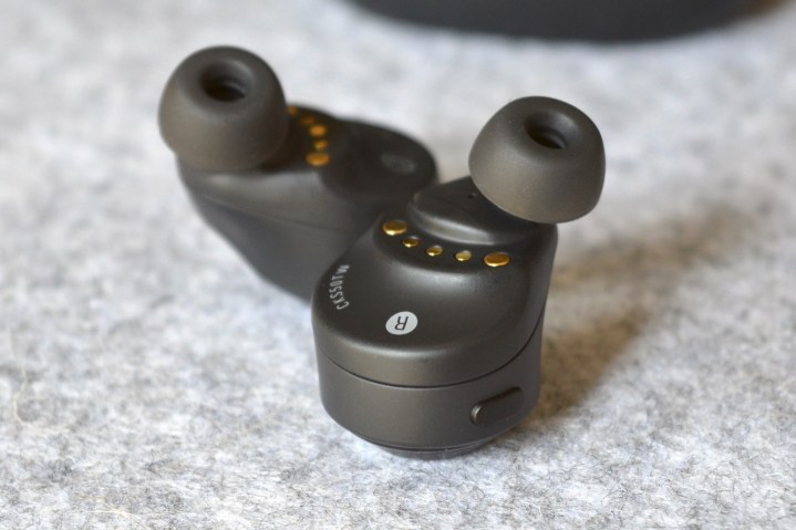 Close-up of the Audio-Technica ATH-CKS50TW wireless earbuds.