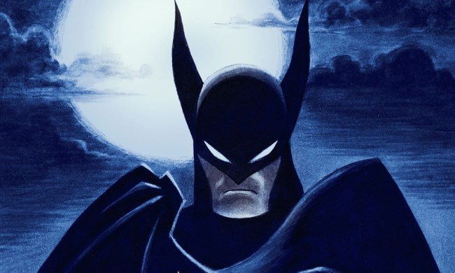 Batman holding his cape under the moonlight in Caped Crusader key art.