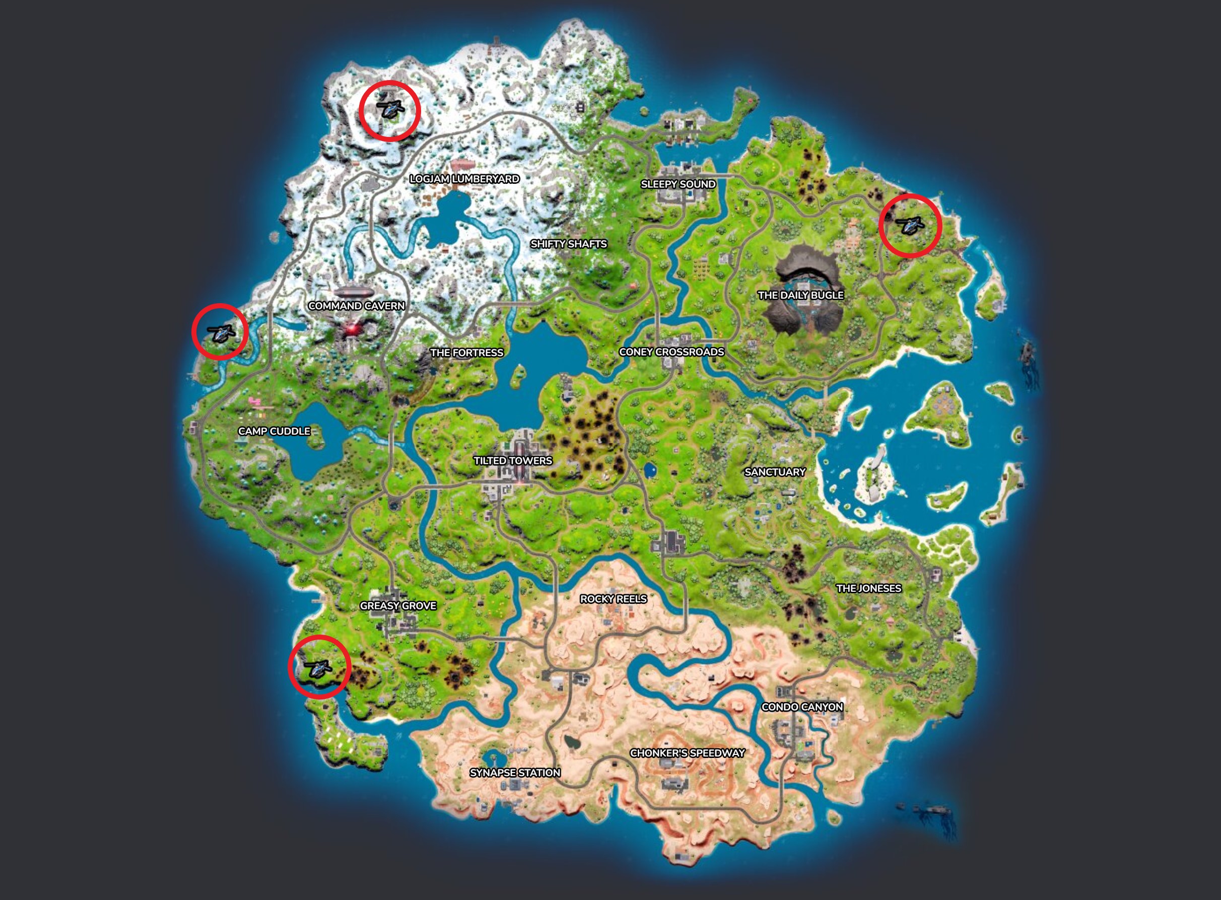 Mapa das localizações de Choppa em Fortnite.