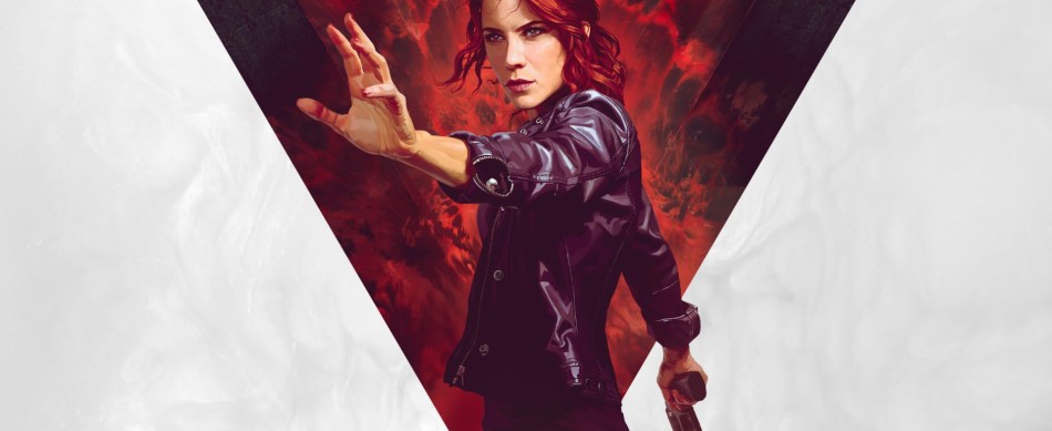 Jesse Faden holding her gun and using her powers in Control promo art.