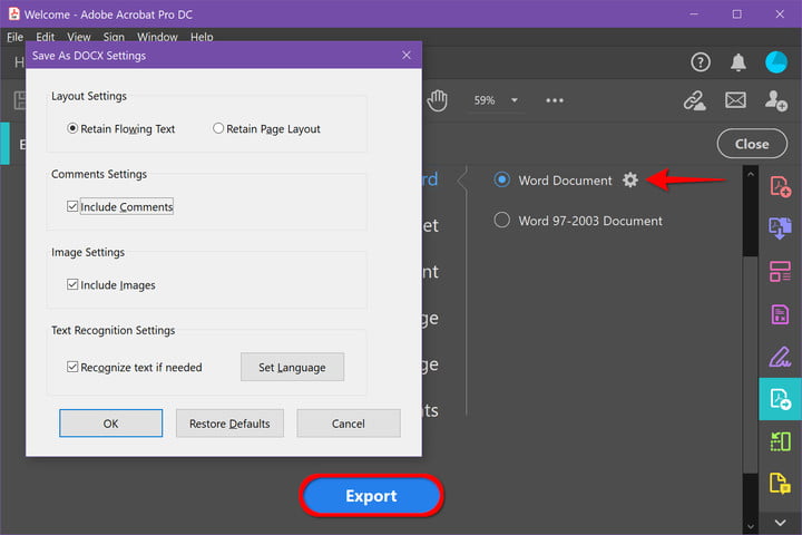 Exporting in Adobe Acrobat Pro.