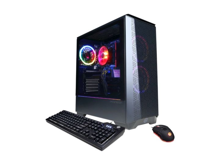 CyberPowerPC Gamer Master PC with keyboard and mouse on white background.