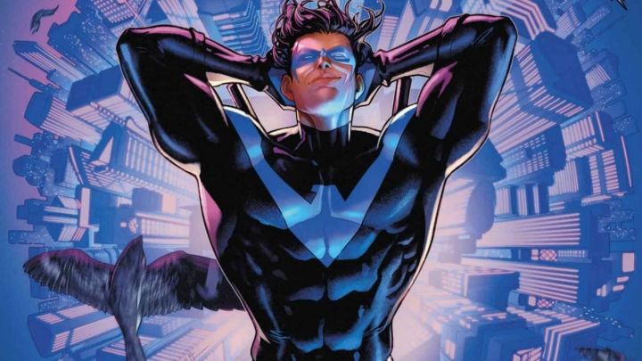 Nightwing with his hands behind his head in DC Comics.