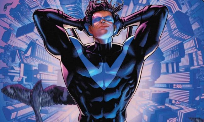 Nightwing with his hands behind his head in DC Comics.