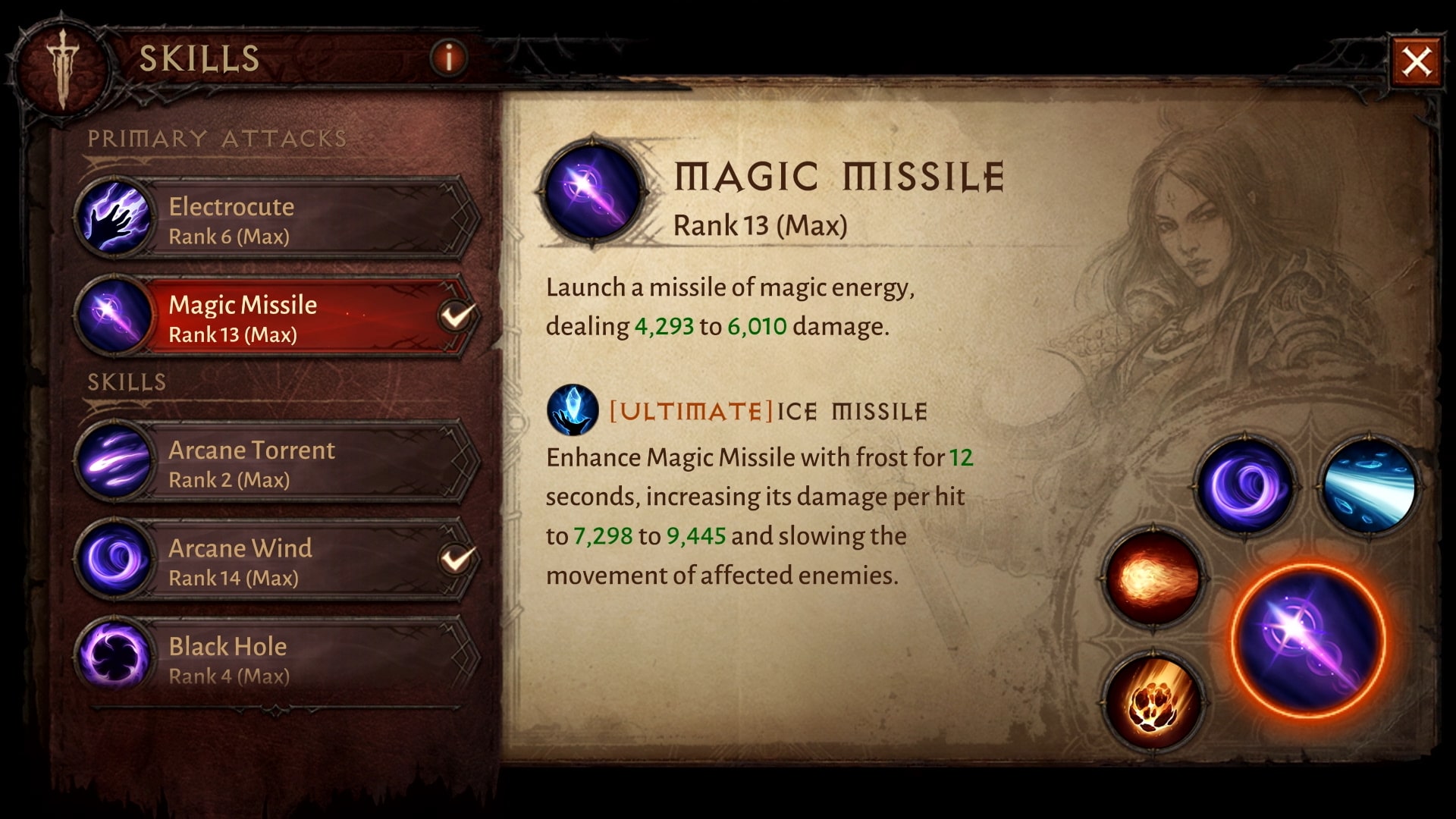 Um menu mostrando as habilidades do Mago em Diablo Immortal.