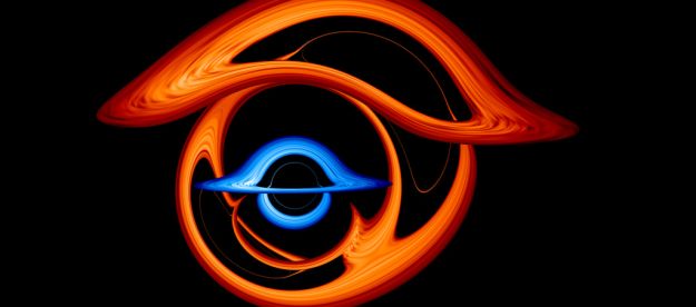 This image shows the warped view of a larger supermassive black hole (red) when it passes almost directly behind a companion black hole (blue) with half its mass. The gravity of the foreground black hole transforms its partner into a surreal collection of arcs.