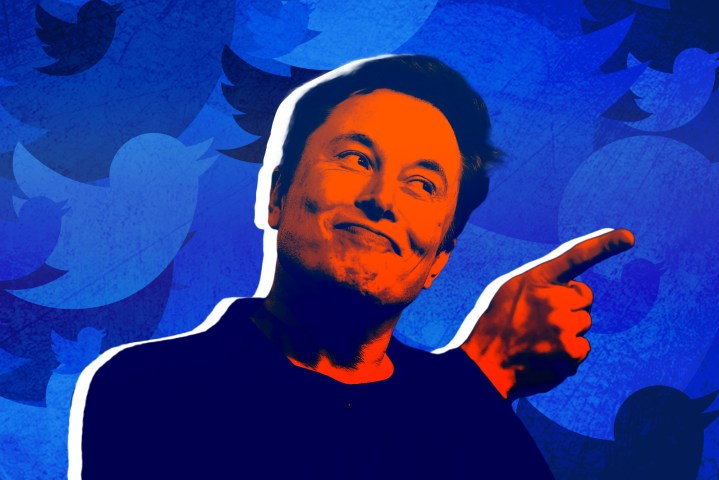 A digital image of Elon Musk in front of a stylized background with the Twitter logo repeated.