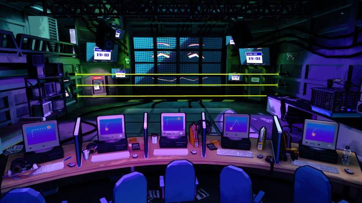 A row of computers show a puzzle in Escape Academy.