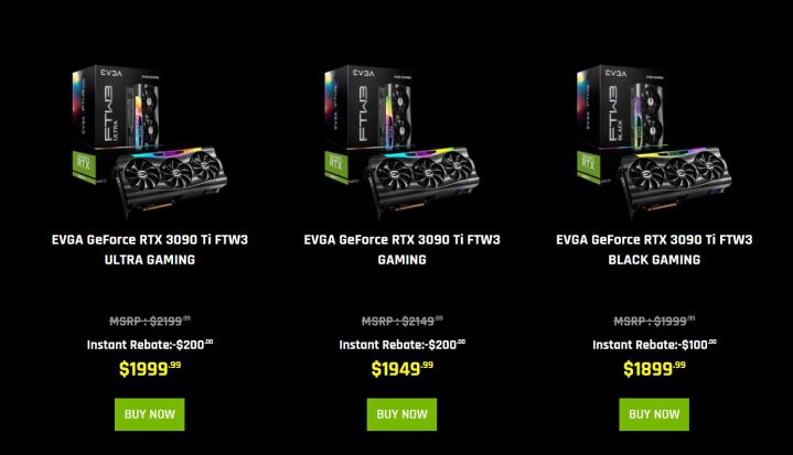EVGA discounts on Nvidia GeForce RTX 3090 Ti graphics cards.