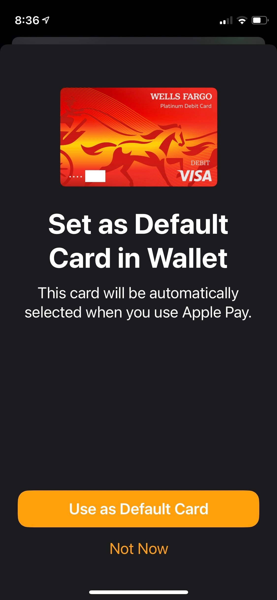 Apple Pay no Apple Watch definido como cartão padrão.