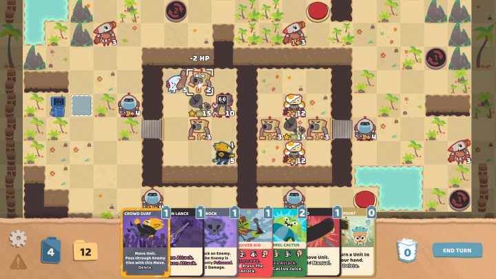 A battle unfolds on a tactics grid in Floppy Knights.