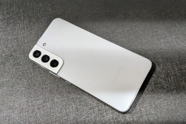 Rear panel of a white Galaxy S22