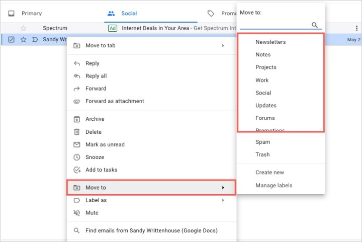 Right-click menu to move an email in Gmail.