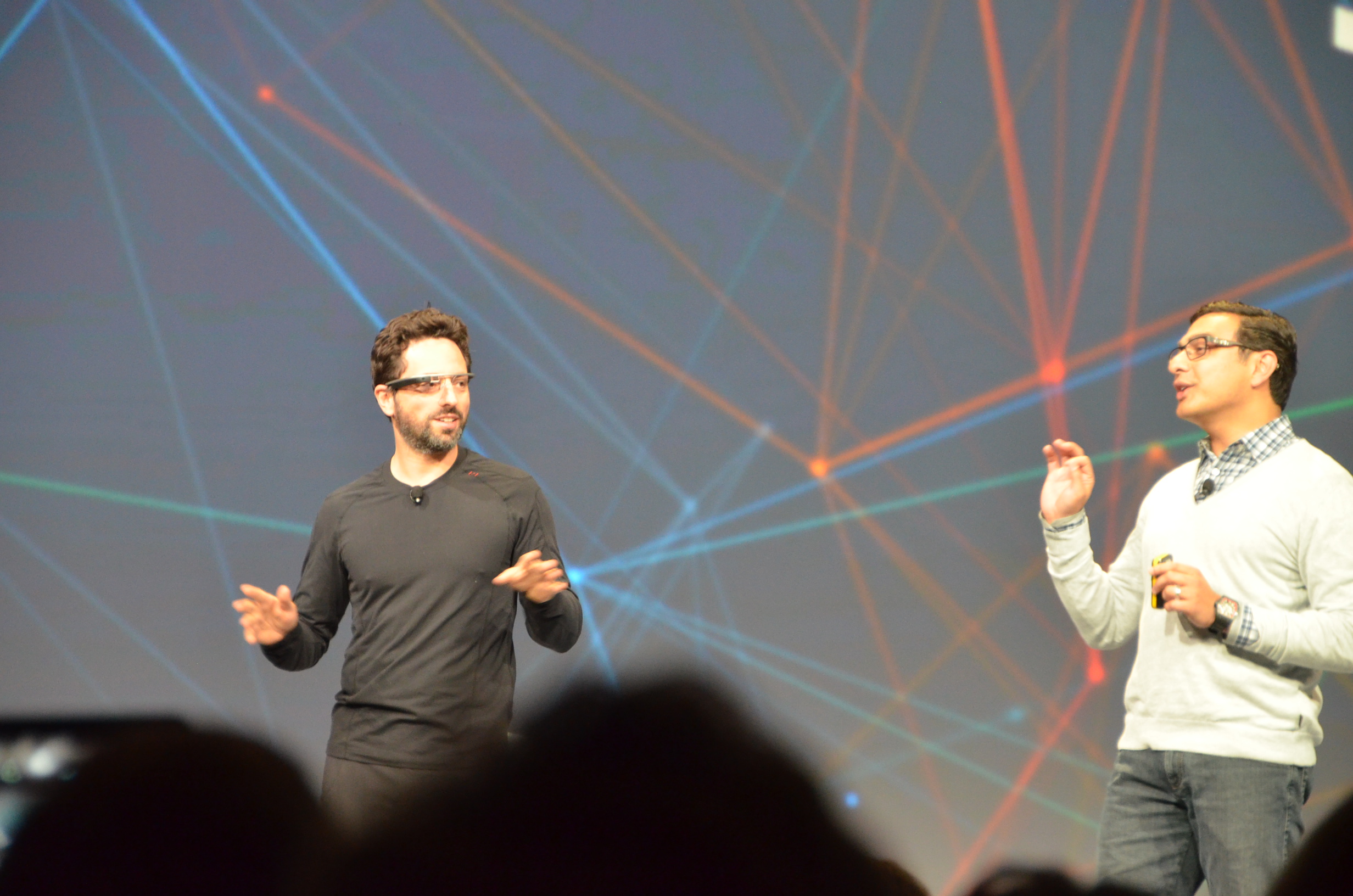 Sergey Brin and Vic Gundotra on stage at Google I/O 2012.
