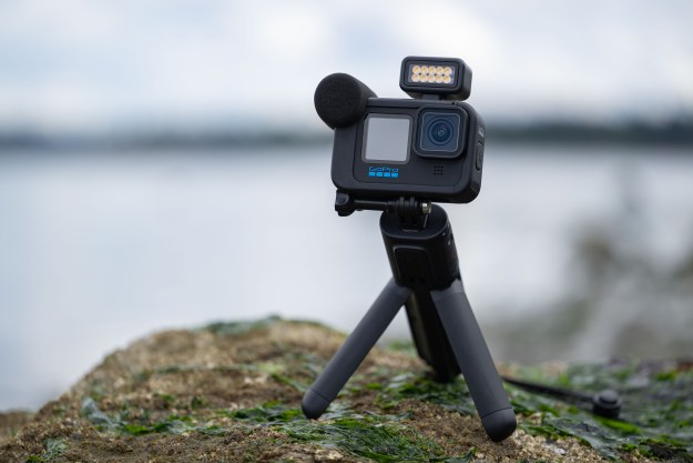 The GoPro Hero 10 Creator Edition on a rock.