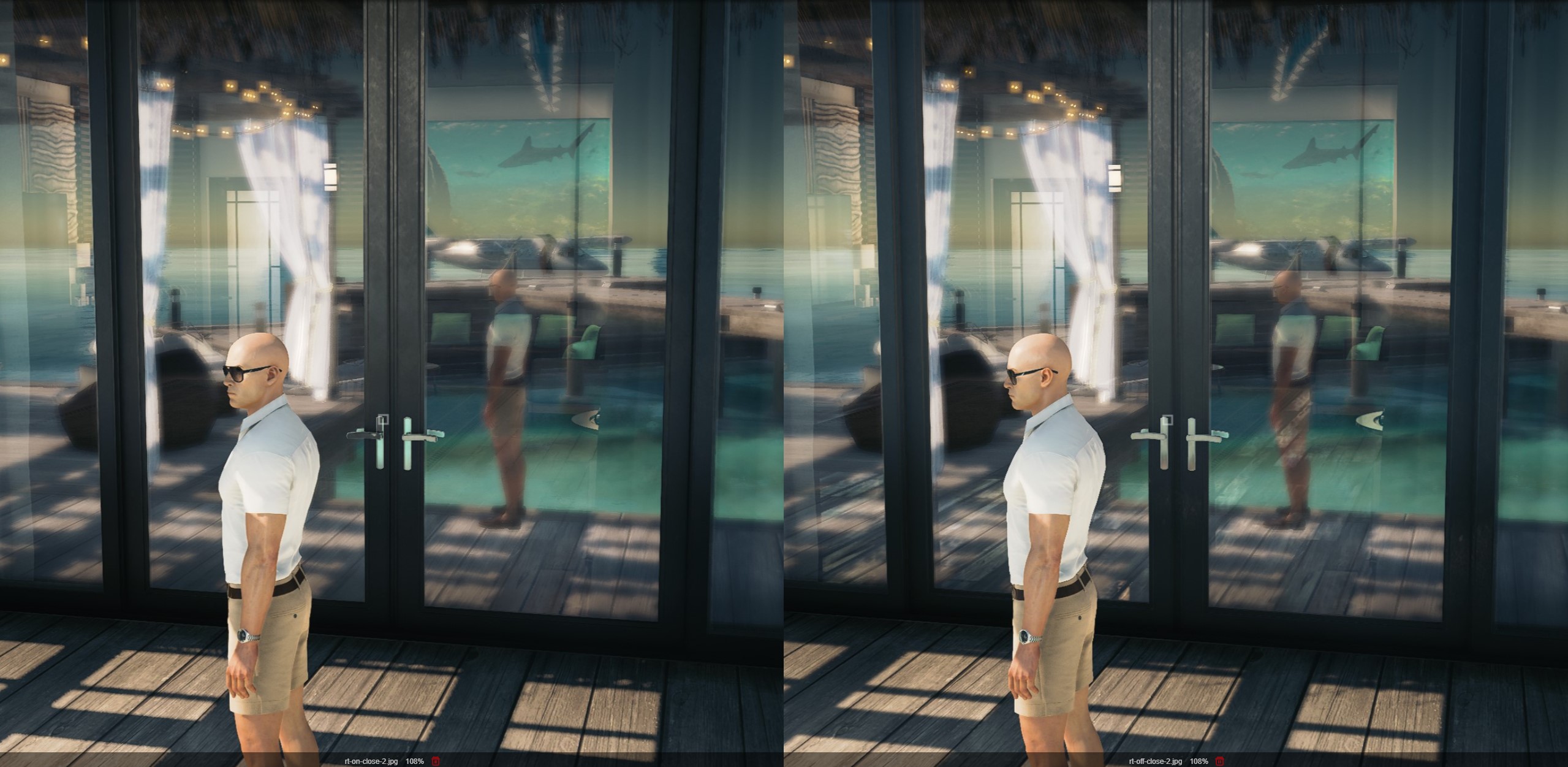 Comparação de reflexão no nível Maldivas em Hitman 3.