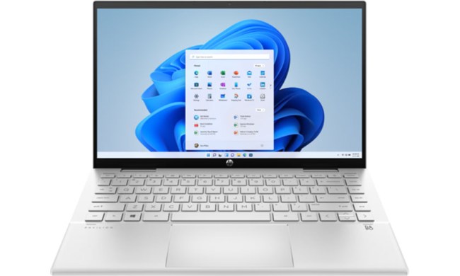 HP Pavilion x360 convertible on a white background displaying Windows 11.