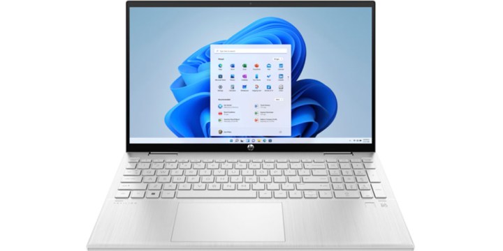 HP Pavilion x360 displaying Windows 11 on a white background.