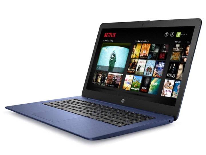 The Royal Blue version of the HP Stream laptop with Netflix on the screen.