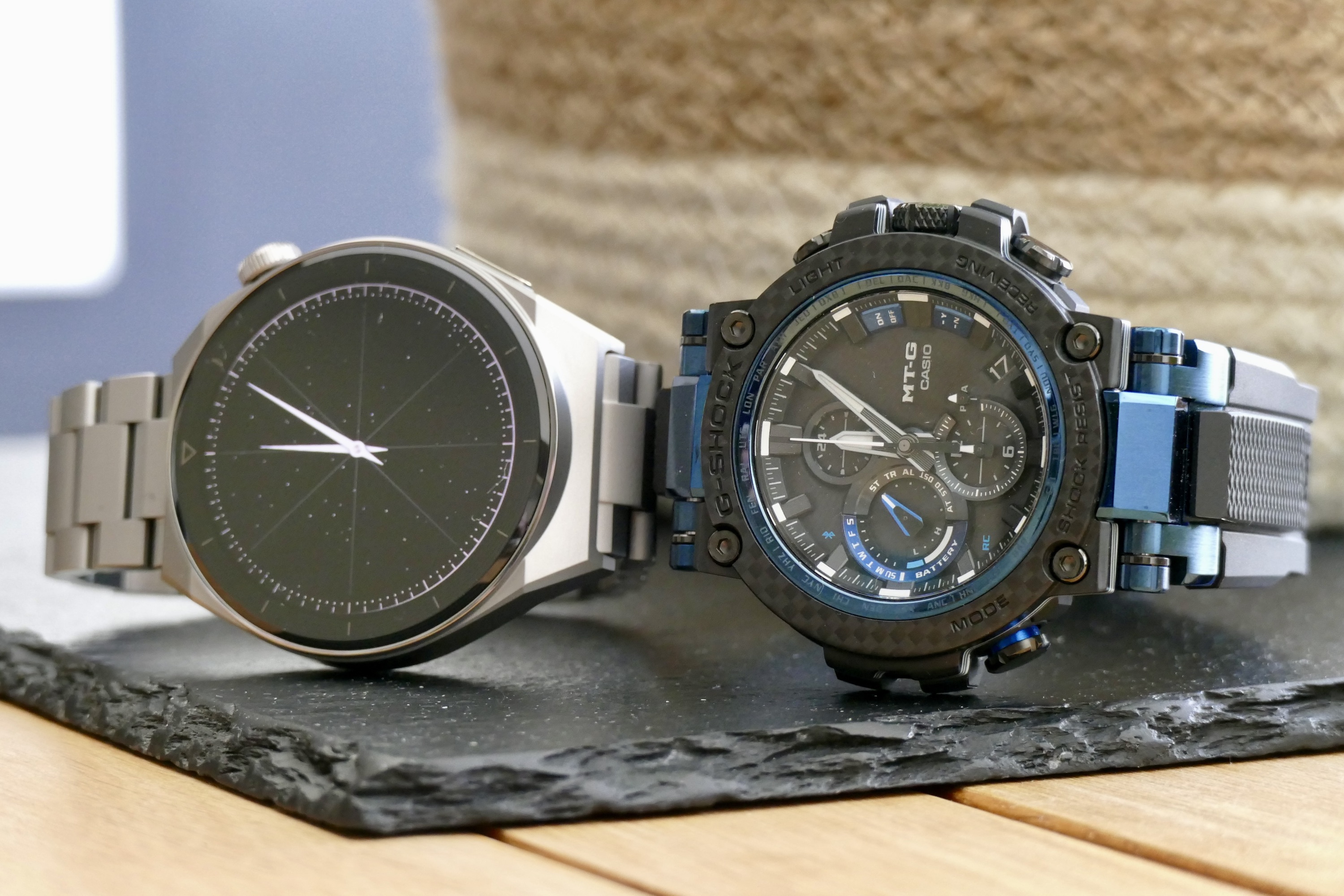 Huawei Watch GT 3 Pro with G-Shock MTG B1000 watch.