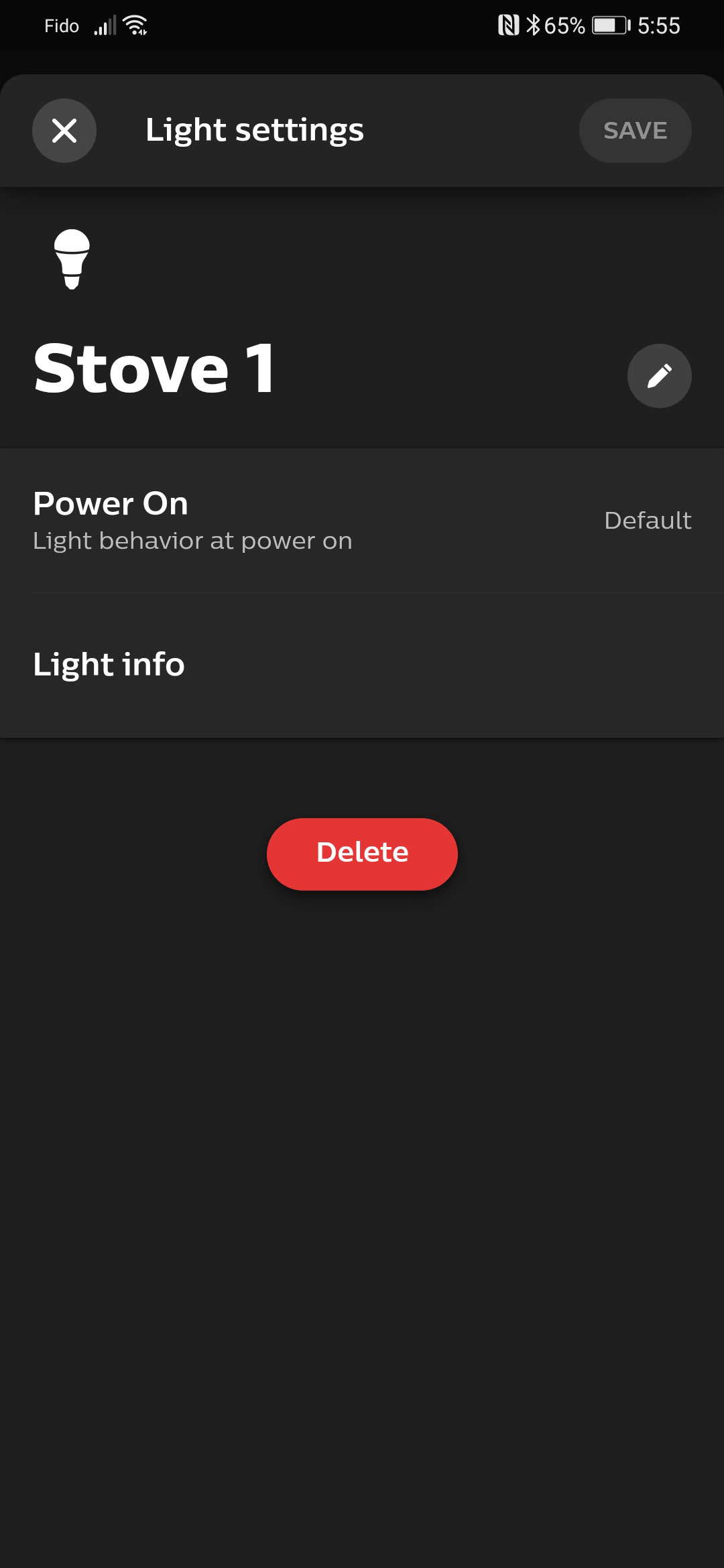 O aplicativo Philips Hue para Android é aberto na tela de configurações de luz.