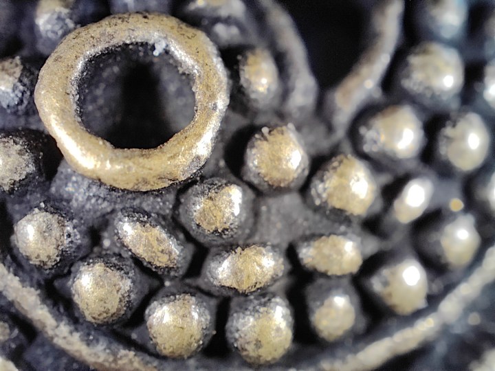 Vista macro di un orecchino d'argento germinale fotografato con la fotocamera del microscopio di Realme GT 2 Pro.