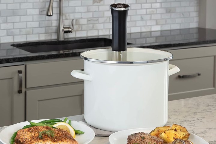 The Instant Pot Accu Slim Sous Vide Precision Cooker in a pot. 