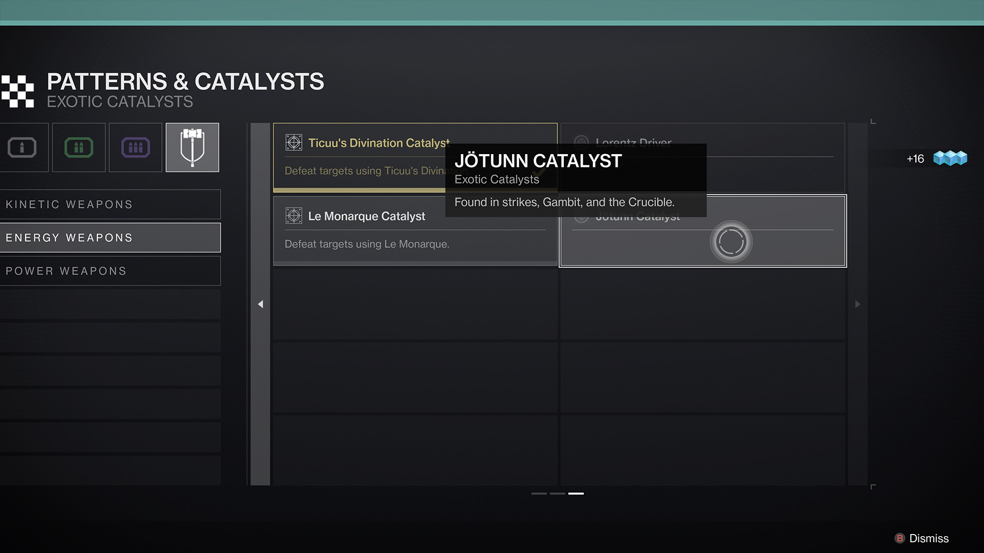 A text menu of the various Destiny 2 catalysts, identifying where to find the jötunn catalyst.