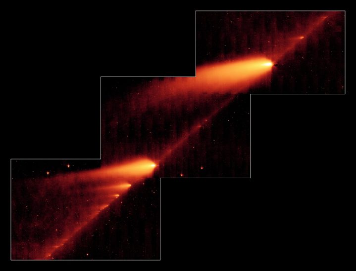This infrared image from NASA’s Spitzer Space Telescope shows the broken Comet 73P/Schwassman-Wachmann 3 skimming along a trail of debris left during its multiple trips around the sun. The flame-like objects are the comet’s fragments and their tails, while the dusty comet trail is the line bridging the fragments.