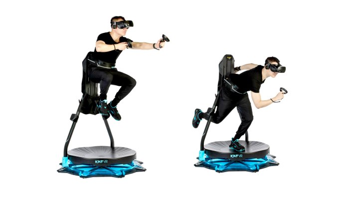 Two images of the Kat VR C2 VR treadmill being used.