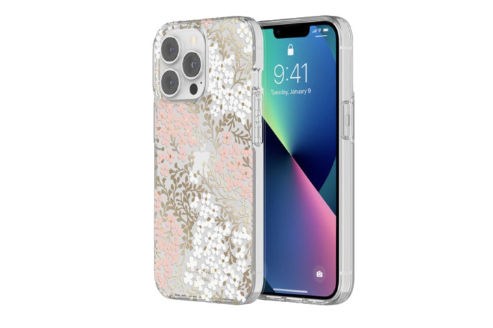 Kate Spade Protective Hardshell Case for iPhone 13 Pro in clear with multicolored and foil floral detail.