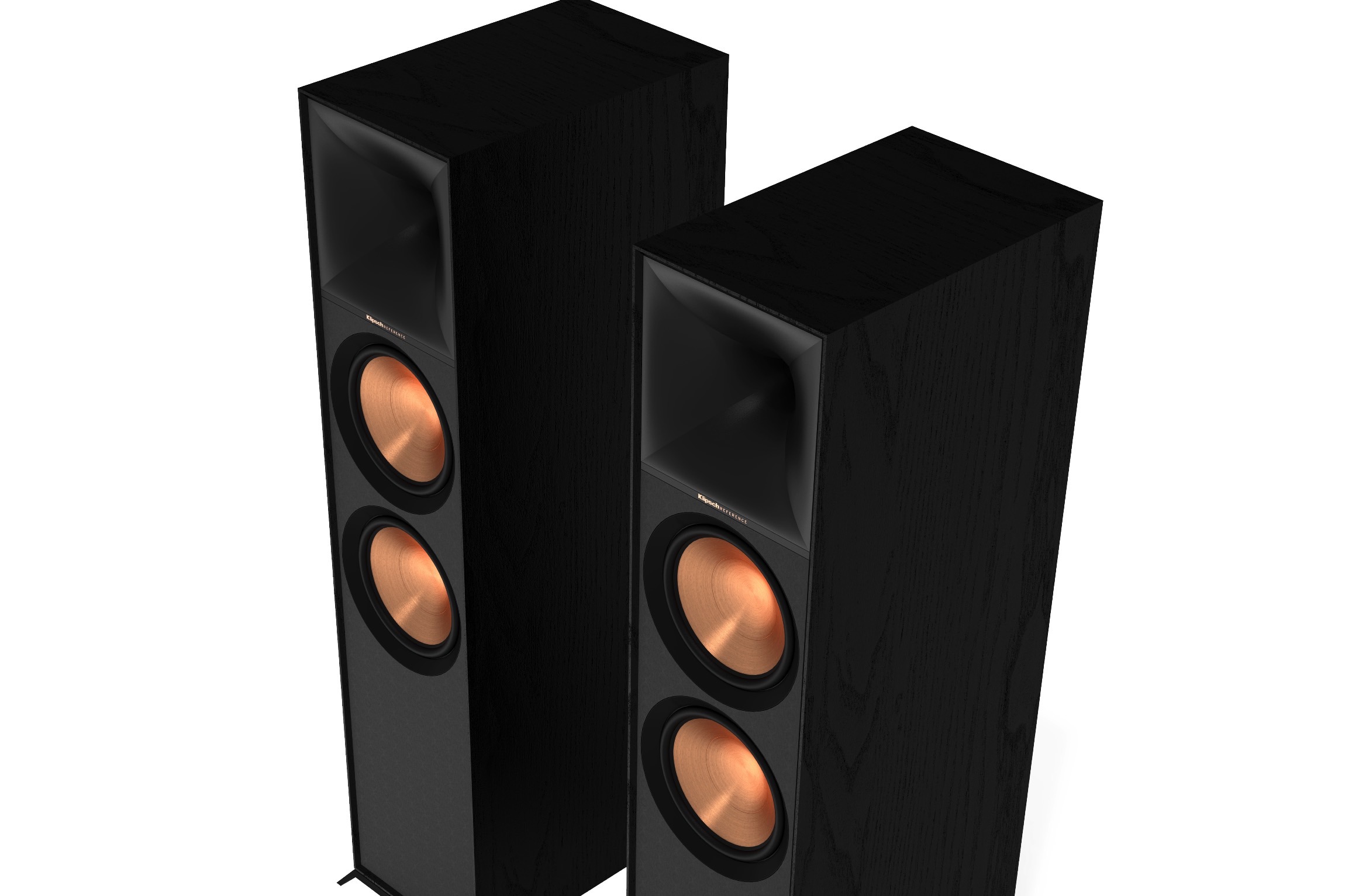 Closer look at a pair of Klipsch Reference R-800F floor-standing speakers with their grilles removed.