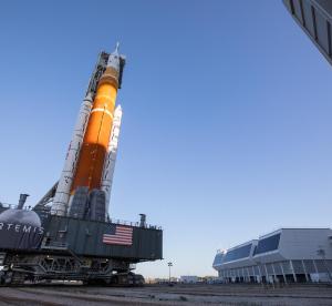 An image of NASA’s moon rocket at the agency’s Kennedy Space Center in Florida, rolling out of the Vehicle Assembly Building for a 4.2-mile journey to Launch Complex 39B on March 17, 2022.
