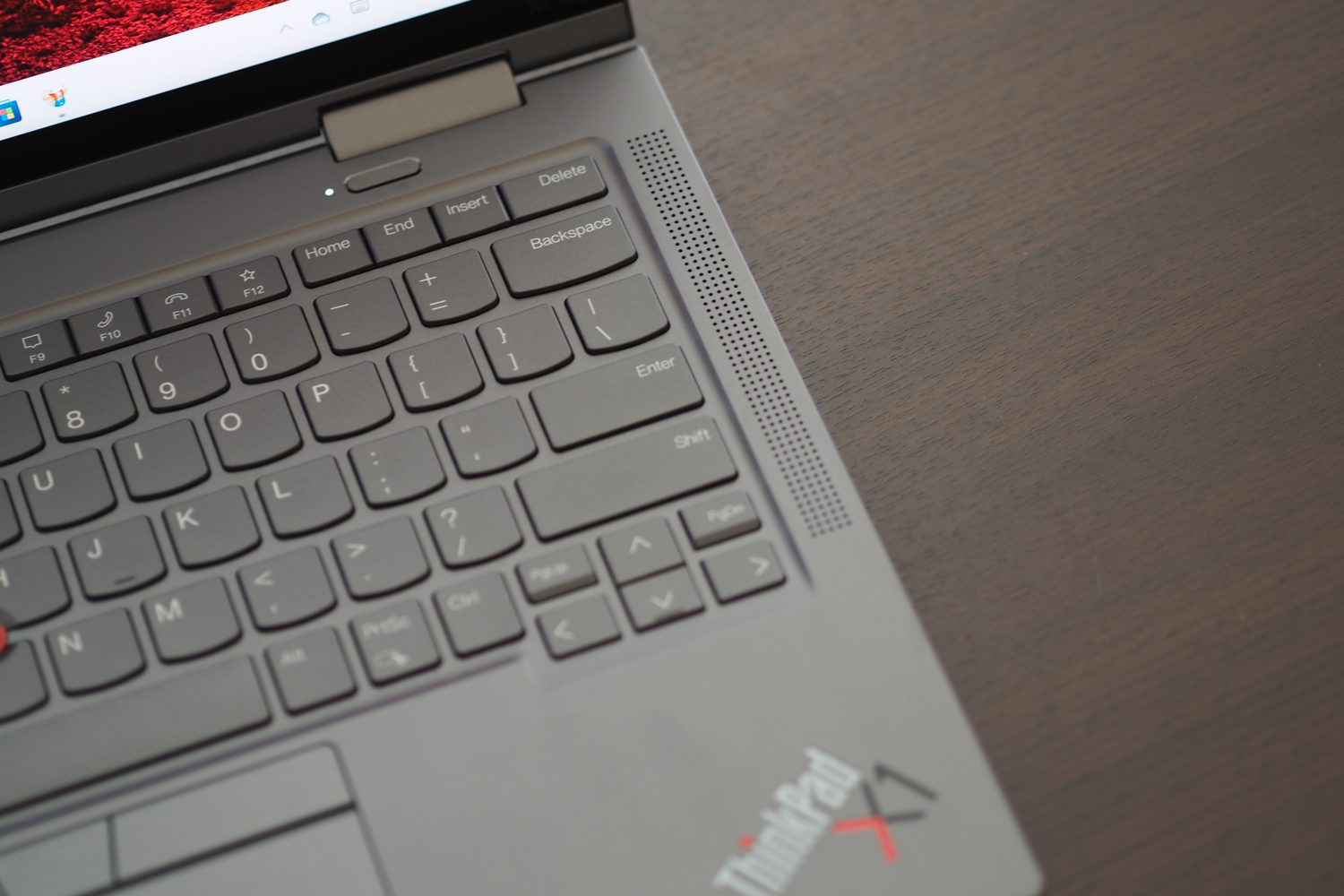 Lenovo ThinkPad X1 Yoga Gen 7 top down view showing speaker.
