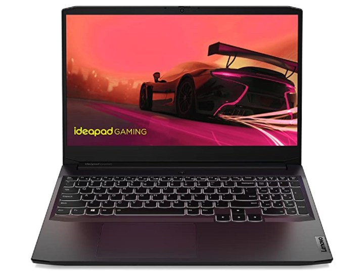 The Lenovo IdeaPad 3 gaming laptop with a racing game on the display.