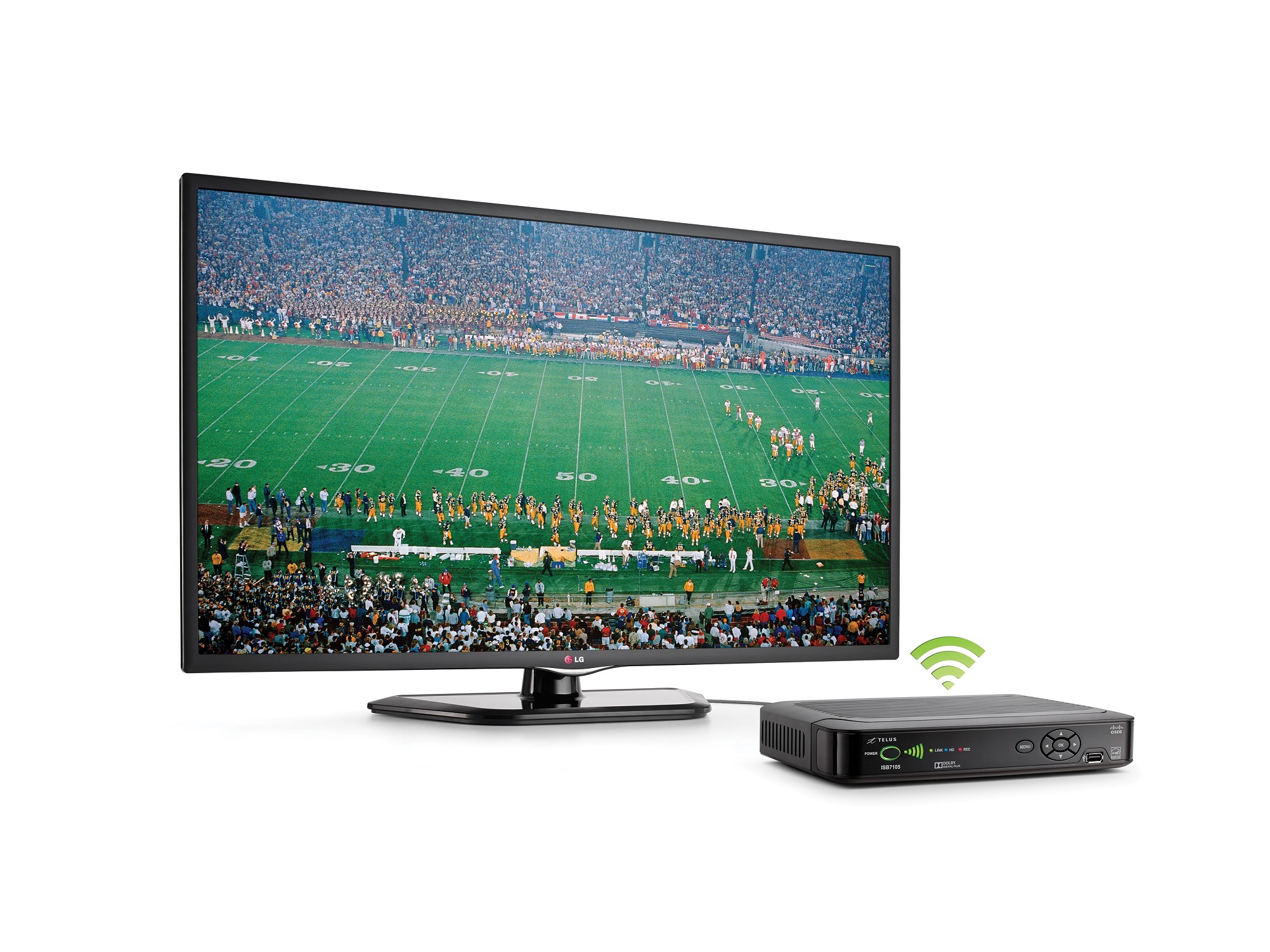 A TV Telus LG com caixa Optik 34r PVR é conectada a uma TV com um jogo de futebol na tela.