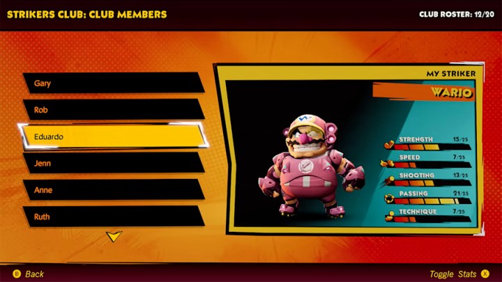 Un giocatore personalizza il proprio club in Mario Strikers: Battle League.
