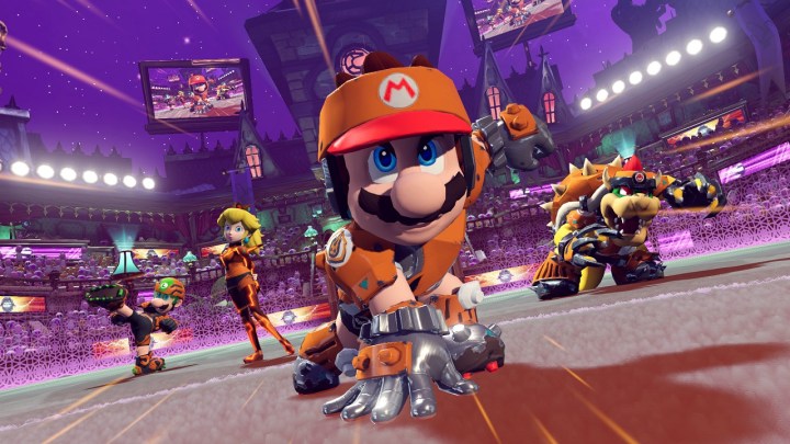 Mario e la sua squadra posano in Mario Strikers: Battle League.