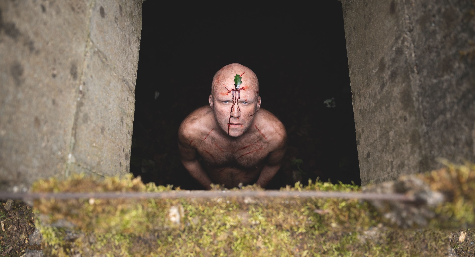 Rory Kinnear olha para cima, nu, de um poço, com arranhões no corpo e uma folha na cabeça.