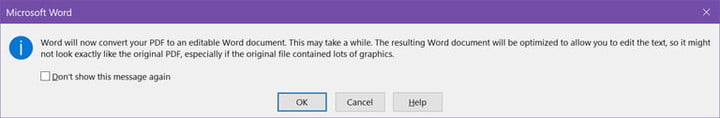 A warning message about converting a PDF in word.