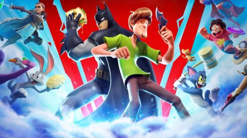 Batman and Shaggy stand back-to-back as other characters fight in MultiVersus key art.
