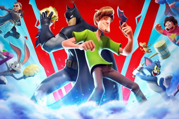 Batman and Shaggy stand back-to-back as other characters fight in MultiVersus key art.