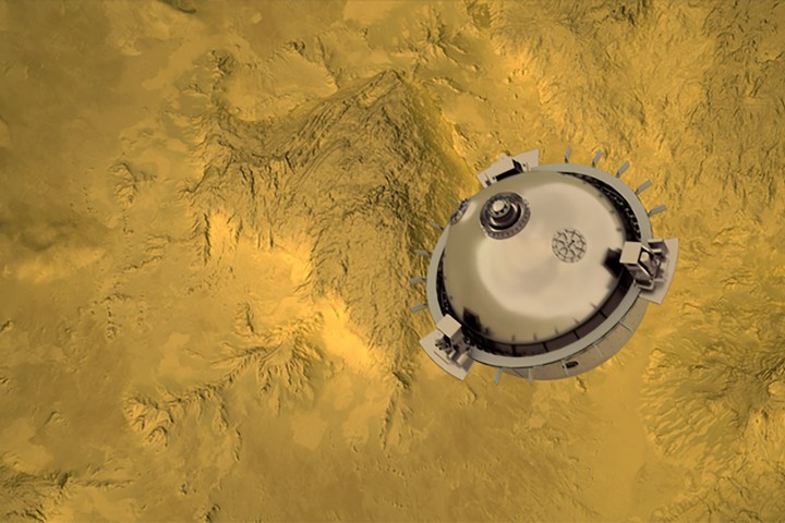 Un concepto artístico de DAVINCI+ en su camino hacia la superficie de Venus.