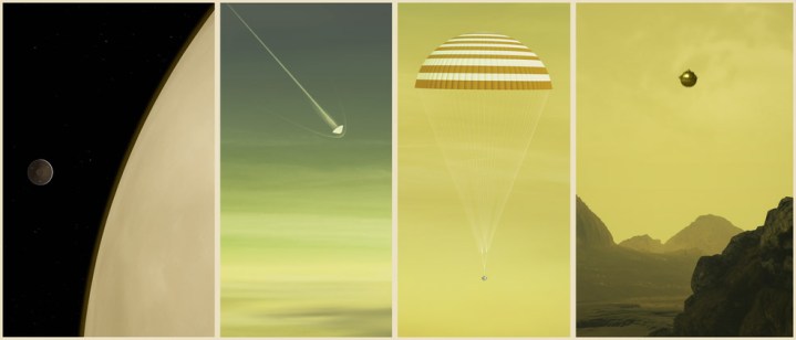 A digital illustration showing the Davinci Probe heading through Venus's atmosphere.
