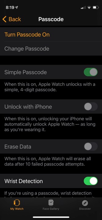 Apple Watch Apple Pay passcode set up.