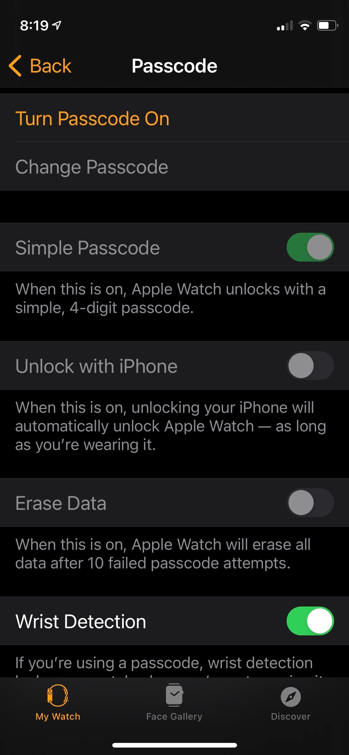 Configuração de senha do Apple Watch Apple Pay.