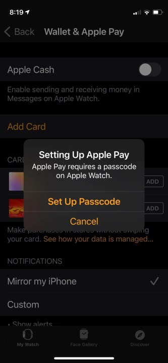 Apple Watch Apple Pay set up passcode.