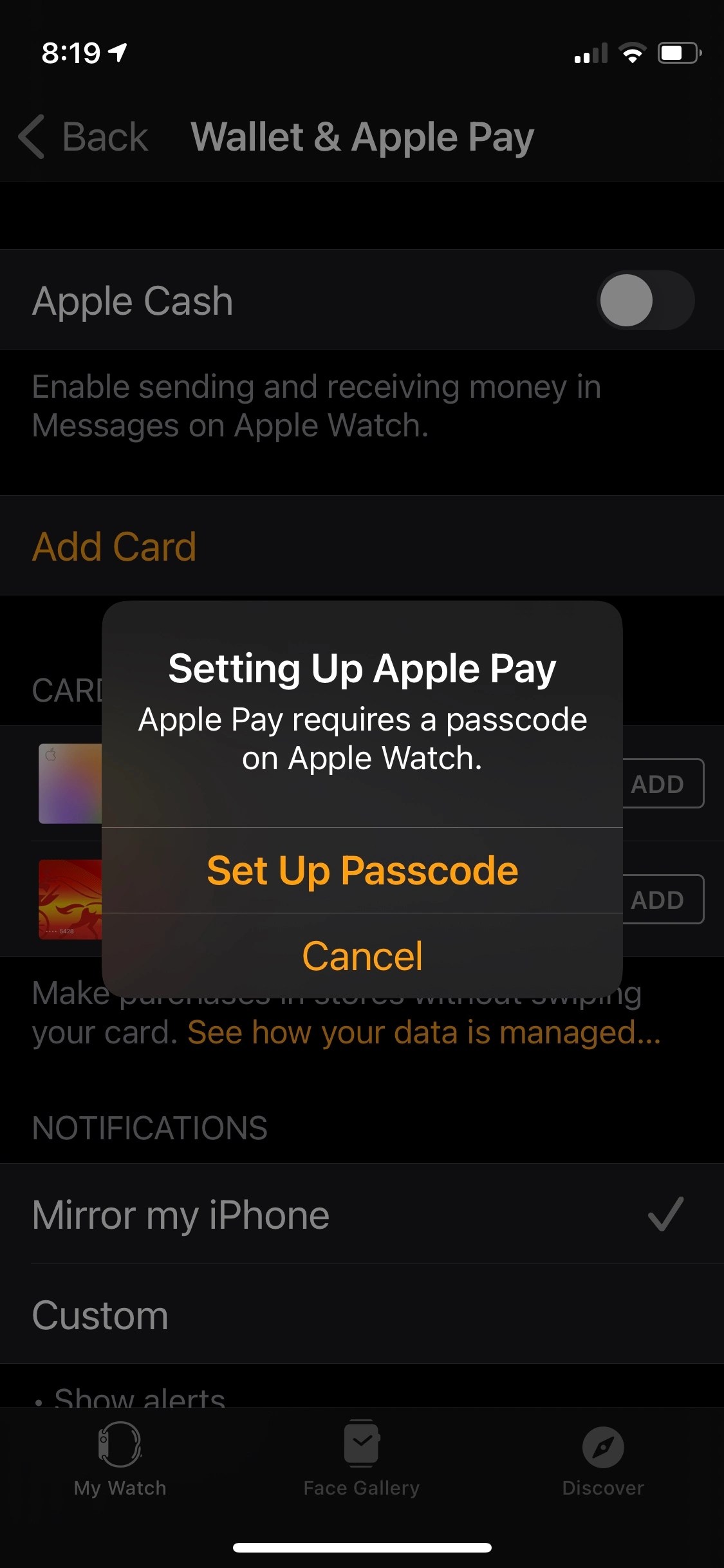 Apple Watch Apple Pay configura a senha.
